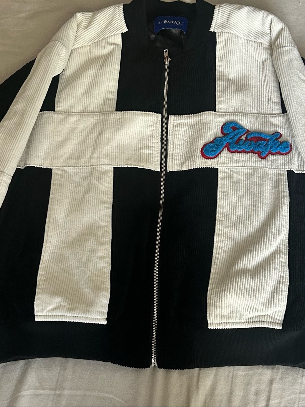 Awake NY Black & White Corduroy Checker Bomber with Blue Script Patch